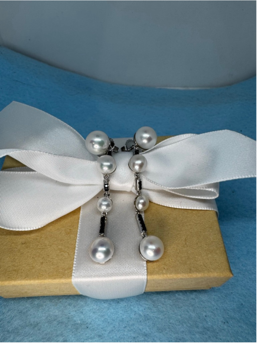 Sterling Silver Pearl and Black Diamond Drop Earrings